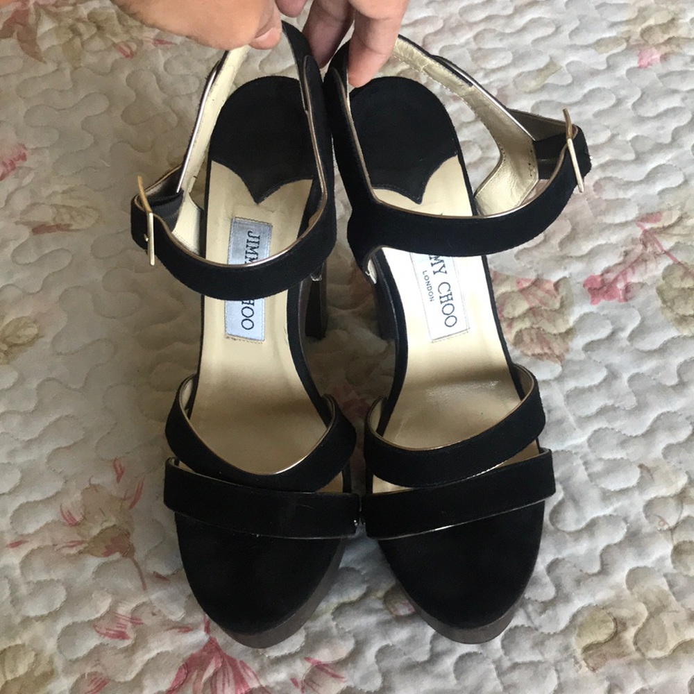 Jimmy Choo Black Suede Wooden Ankle Strap Sandals